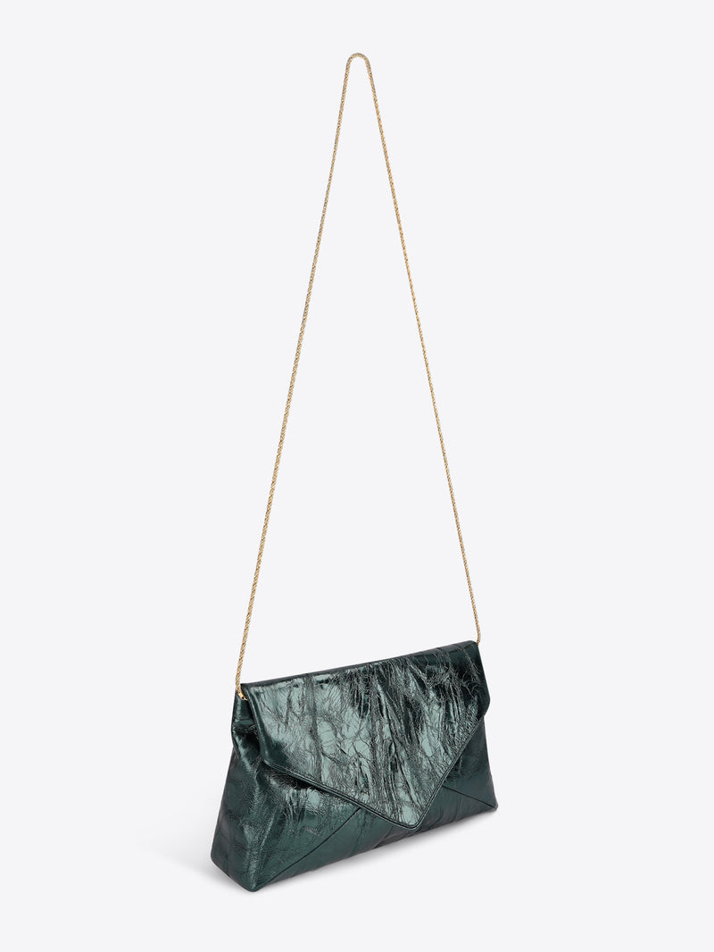 Metallic teal leather clutch bag with a crinkled texture and minimalist silhouette with a metal strap