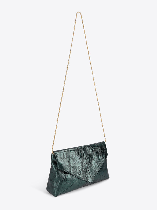 Metallic teal leather clutch bag with a crinkled texture and minimalist silhouette with a metal strap
