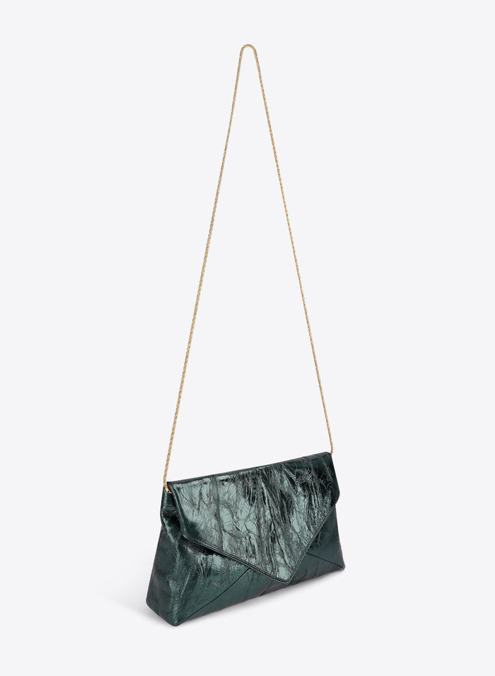 Metallic teal leather clutch bag with a crinkled texture and minimalist silhouette with a metal strap