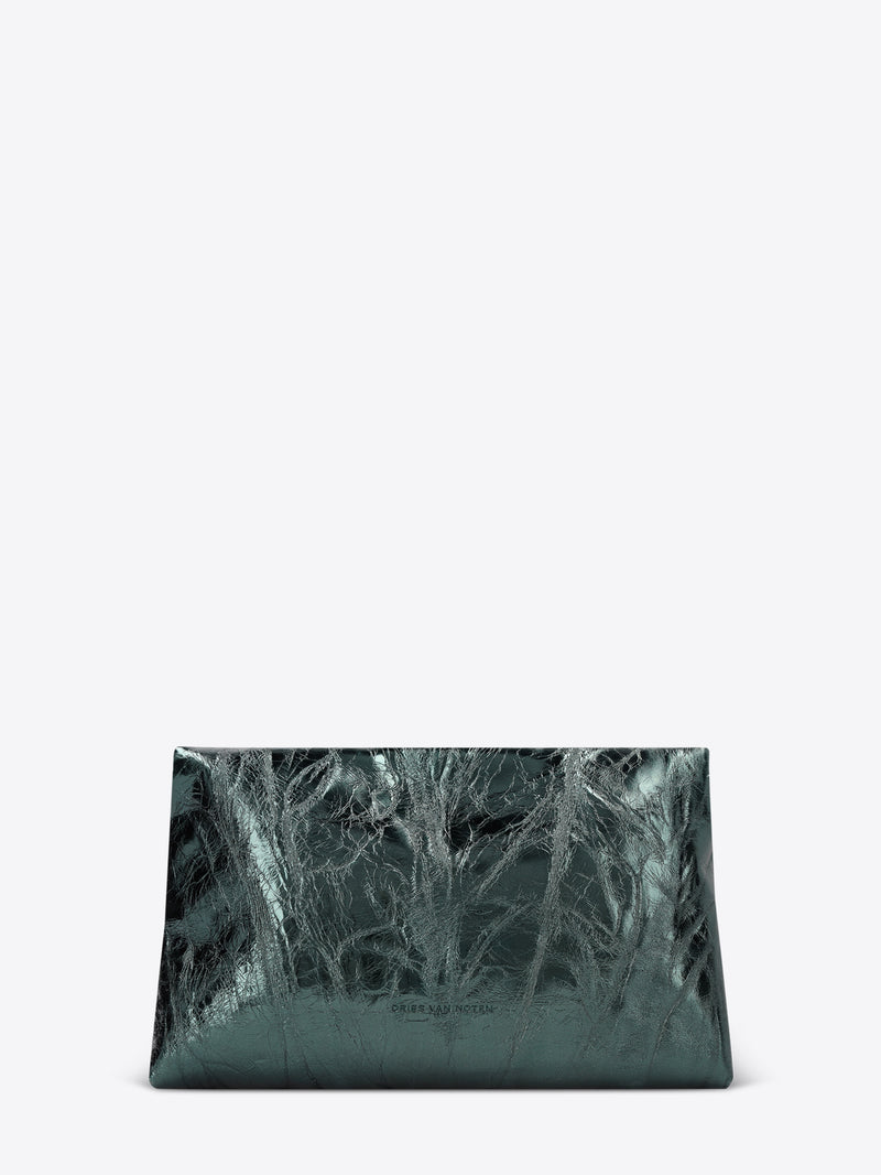 Metallic teal leather clutch bag with a crinkled texture and minimalist silhouette 