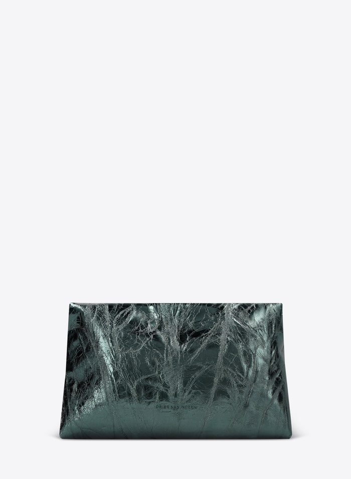 Metallic teal leather clutch bag with a crinkled texture and minimalist silhouette 