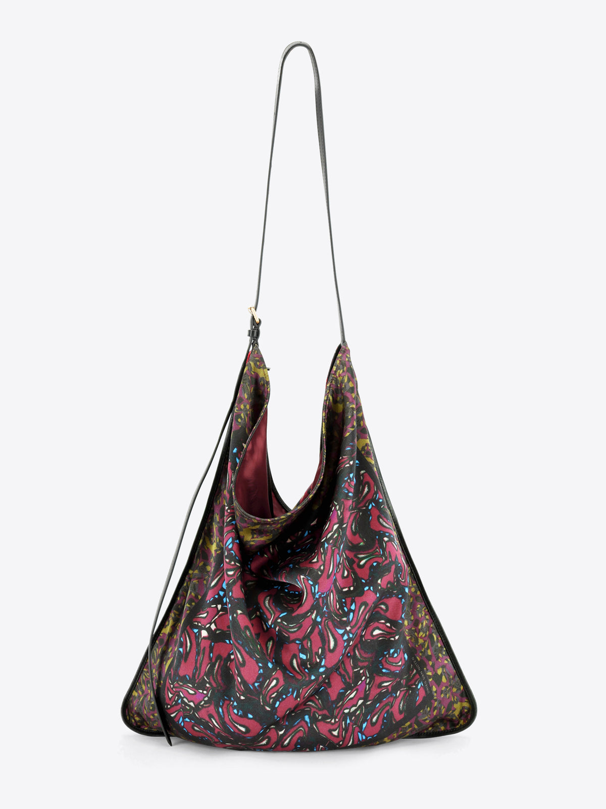 A shoulder bag with a dark paisley pattern, featuring a thin black strap, shown against a light gray background.