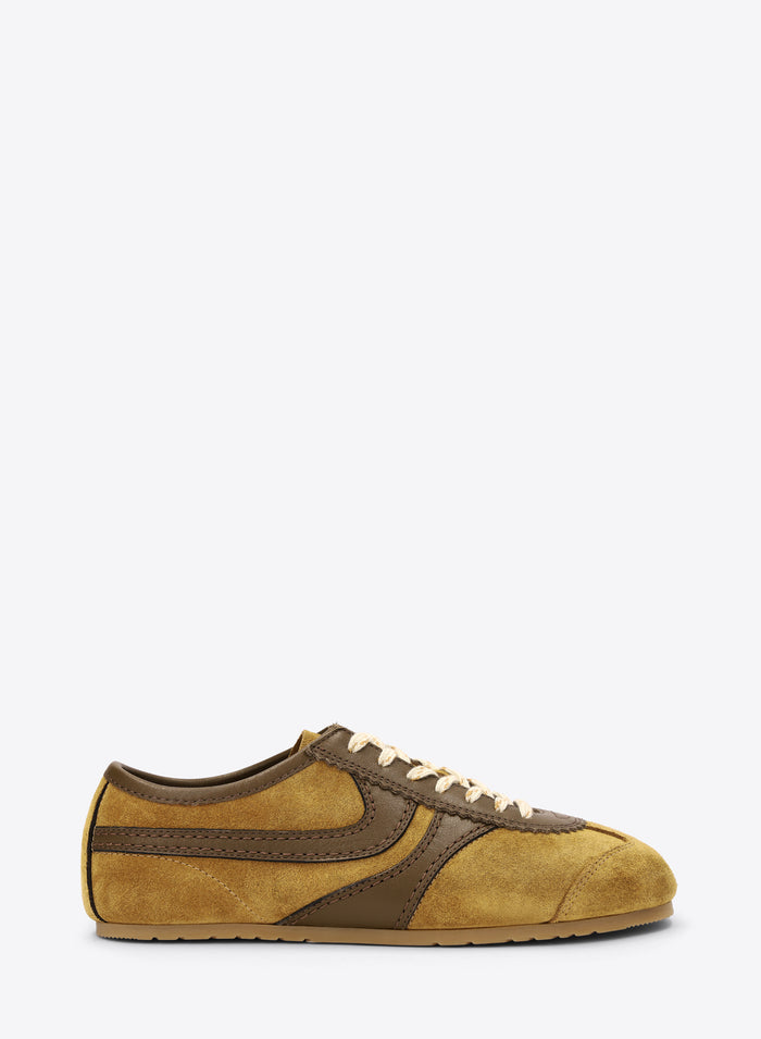 Mustard yellow and brown suede sneaker  on a white background