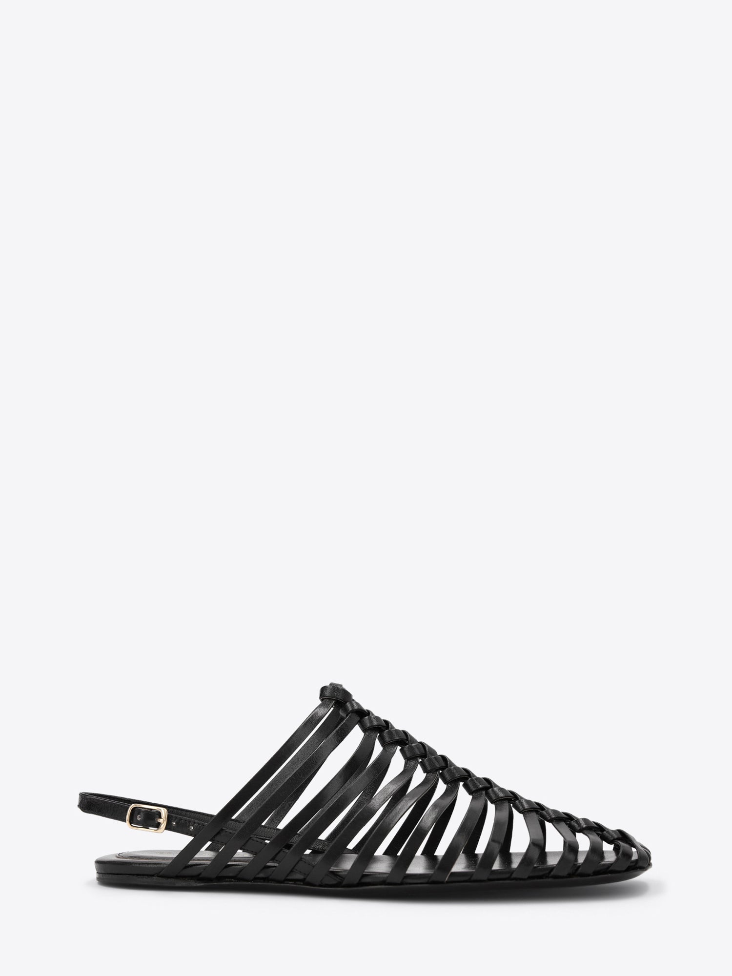Black sandal with strappy design on a white background