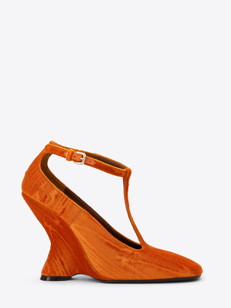 Orange high-heeled shoe with a strap on a white background