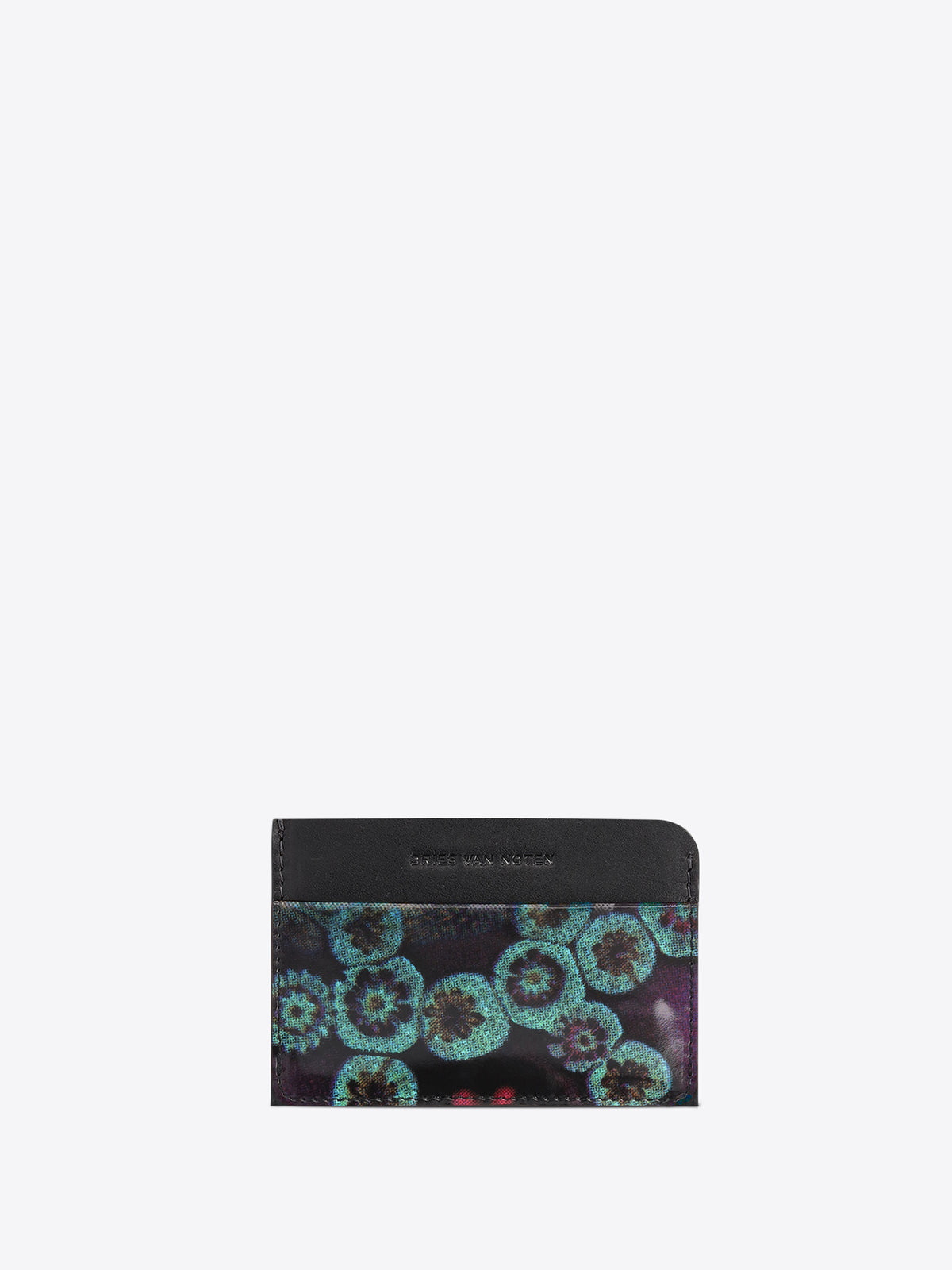 A slim card holder wallet, featuring a black leather top band and a lower section with a teal and purple floral pattern, shown on a light gray background.