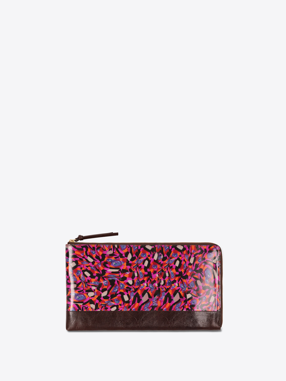 A zip-around wallet with a glossy multicolor abstract pattern on the front and a dark brown leather base, shown against a light gray background.