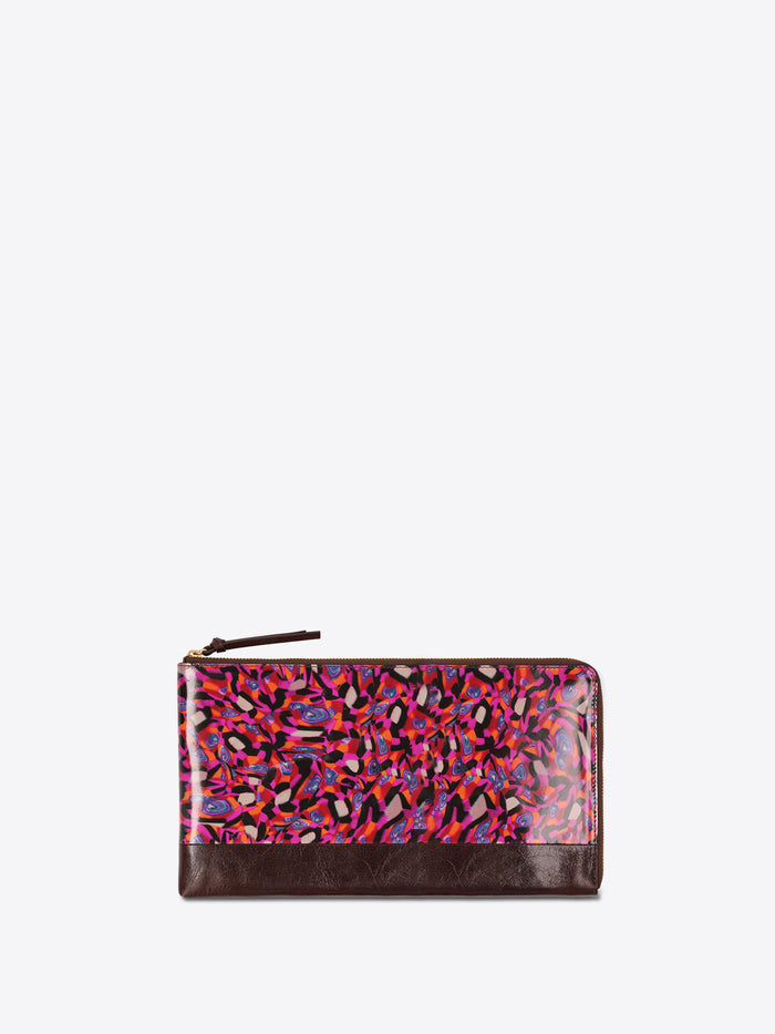 A zip-around wallet with a glossy multicolor abstract pattern on the front and a dark brown leather base, shown against a light gray background.