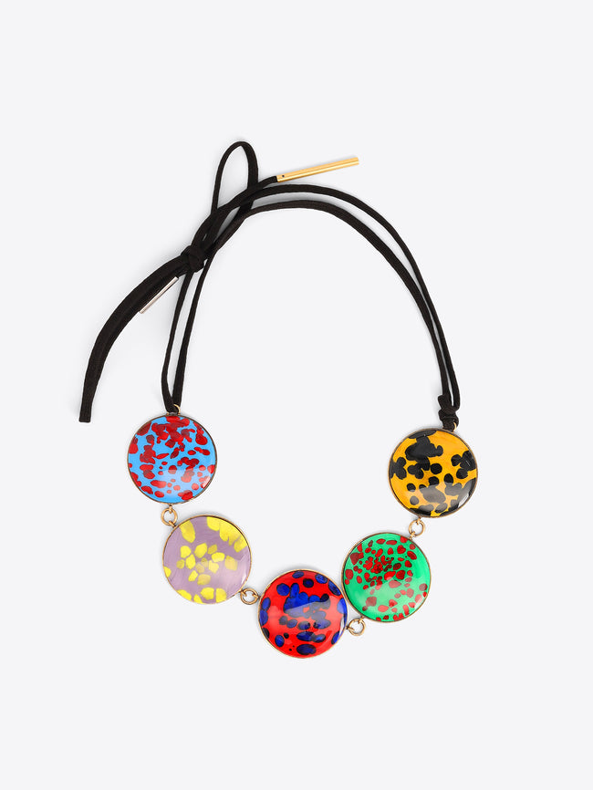 Necklace with colorful round beads on a white background