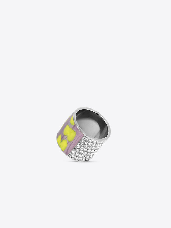 Statement ring with sparkling crystals and a purple-yellow abstract pattern 