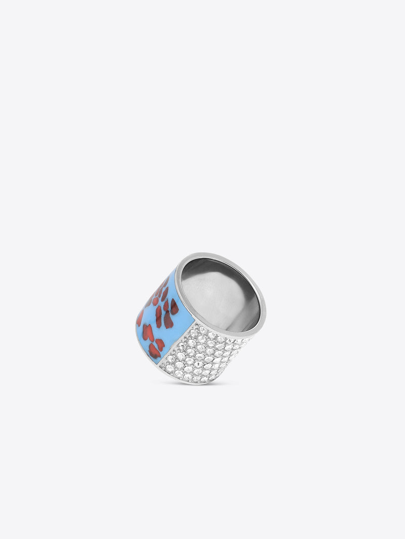 Statement ring with sparkling crystals and a red-blue abstract pattern 