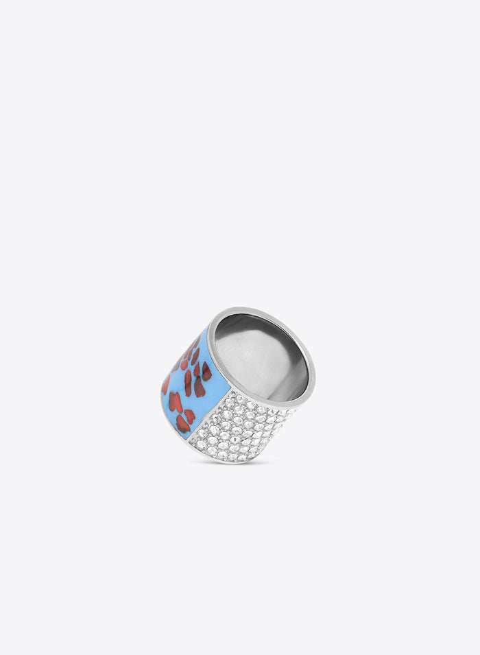 Statement ring with sparkling crystals and a red-blue abstract pattern 