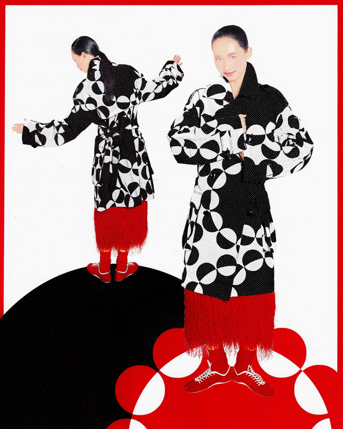 Two views of a woman wearing a black and white patterned coat with a red skirt set against a bold graphic design 