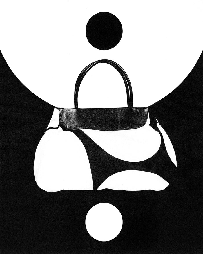 Black and white graphic composition with abstract shapes and a handbag 