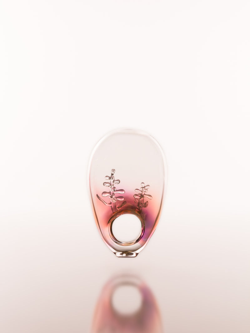 Small round glass object featuring delicate decorative forms inside with a reflective surface on a white background
