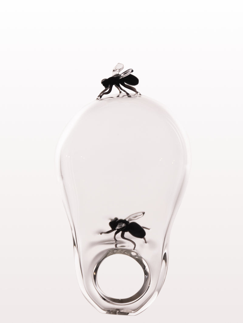 Clear glass with a black fly illusion design, featuring a realistic insect print print inside the base