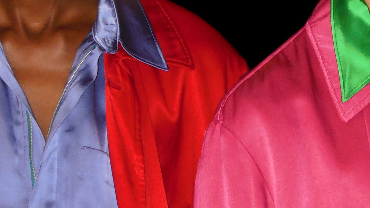 Close-up of colorful jackets with different patterns and colors.