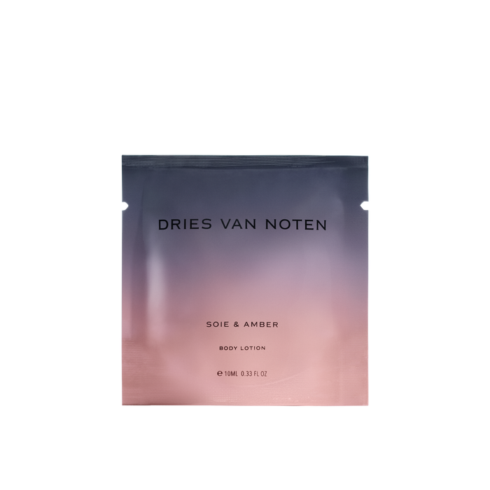 Dries Van Noten soie&amber body lotion sample in color-gradient packaging 