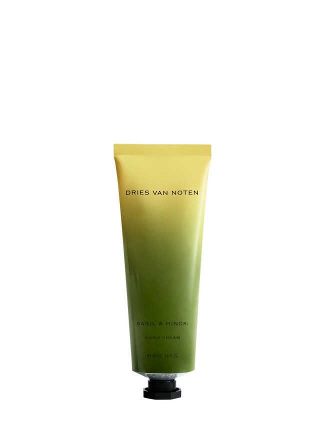 Green tube of Dries Van Noten hand cream in a gradient-colored packaging 