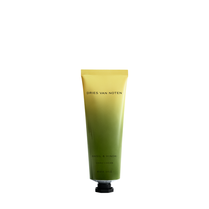 Green tube of Dries Van Noten hand cream in a gradient-colored packaging 