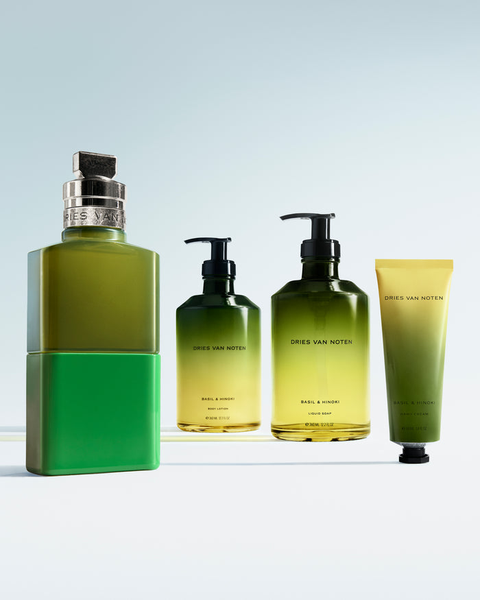 Set of Dries Van Noten beauty products in gradient green packaging 