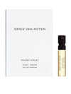 Dries Van Noten Velvet Violet Eau de Parfum sample shown with its white outer box and a small sample spray vial.