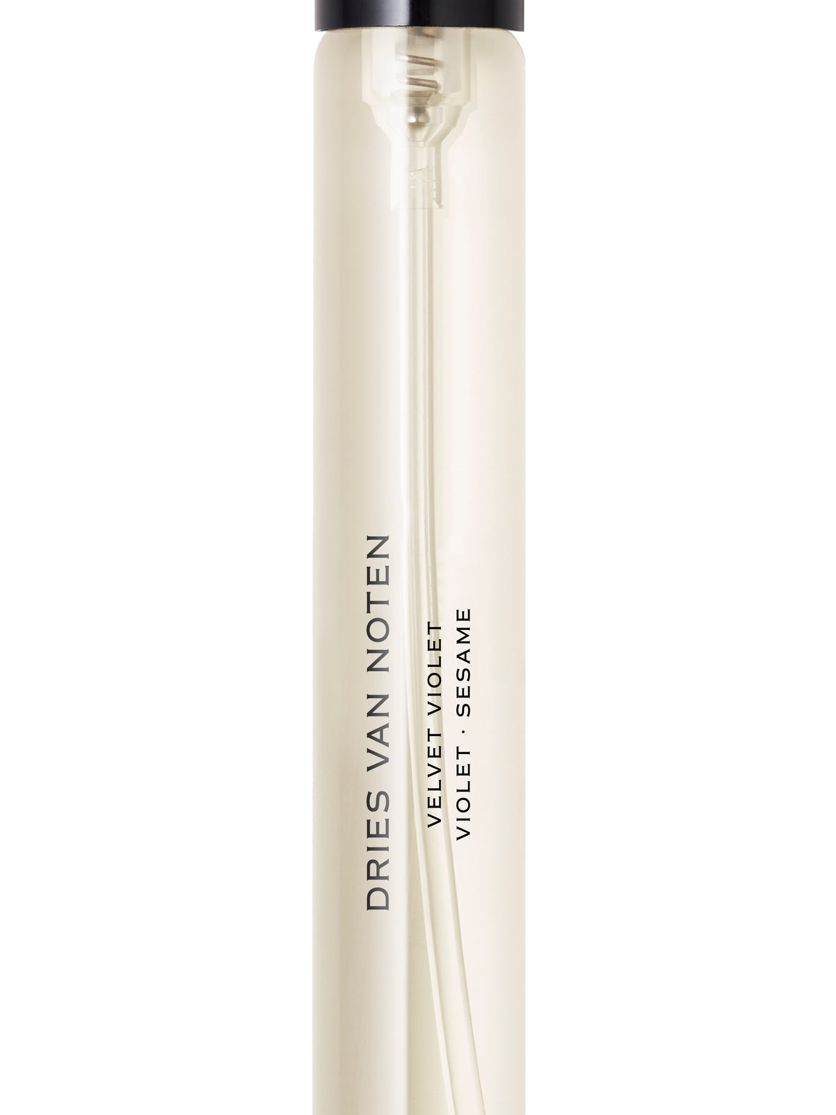 A cylindrical travel spray bottle by Dries Van Noten, featuring a translucent off-white body with a black pump dispenser, shown against a plain white background.
