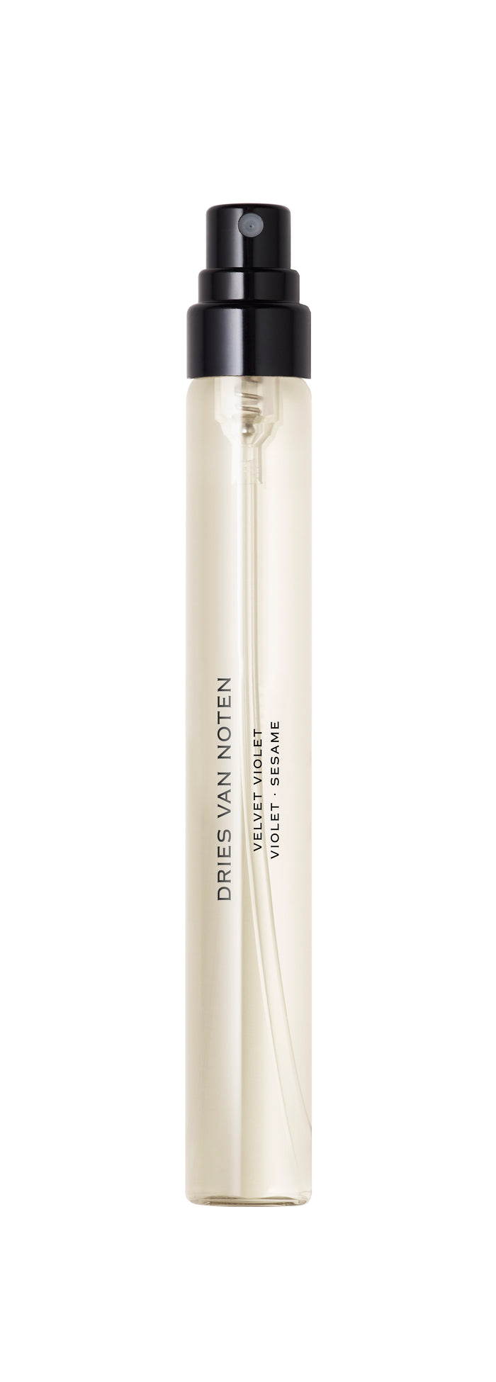 A cylindrical travel spray bottle by Dries Van Noten, featuring a translucent off-white body with a black pump dispenser, shown against a plain white background.