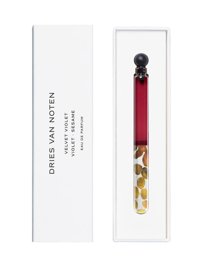 Dries Van Noten Velvet Violet Eau de Parfum sample shown with its white packaging box and the perfume bottle inside a clear display tray. 