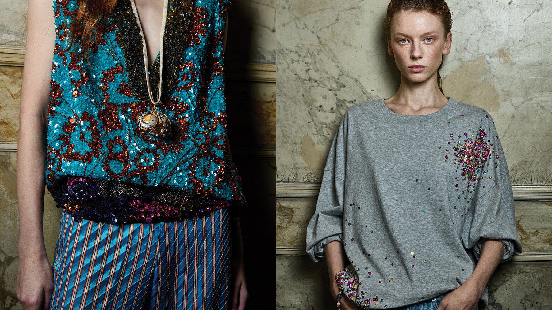 Two fashion outfits side by side with one featuring a sequined top and striped pants, and the other a gray top with floral embellishments.