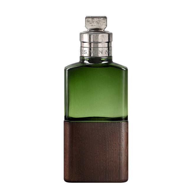 Green perfume bottle with wooden base on a white background
