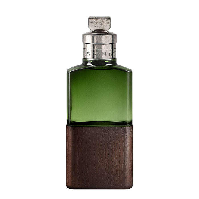 Green perfume bottle with wooden base on a white background