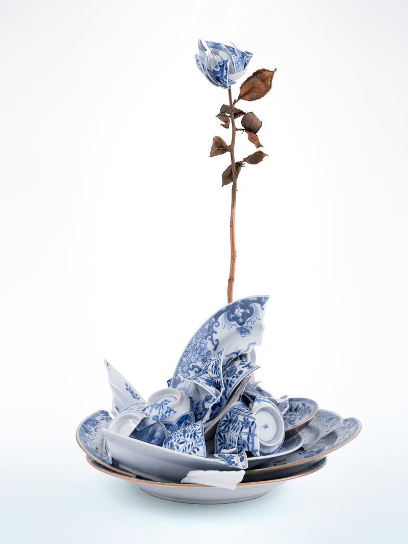 Broken blue and white ceramic pieces with a single stem of flowers on a white background - Dries Van Noten