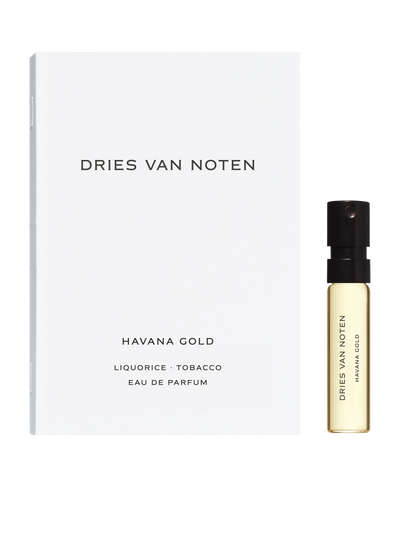 Dries Van Noten Havana Gold perfume bottle and packaging on a white background