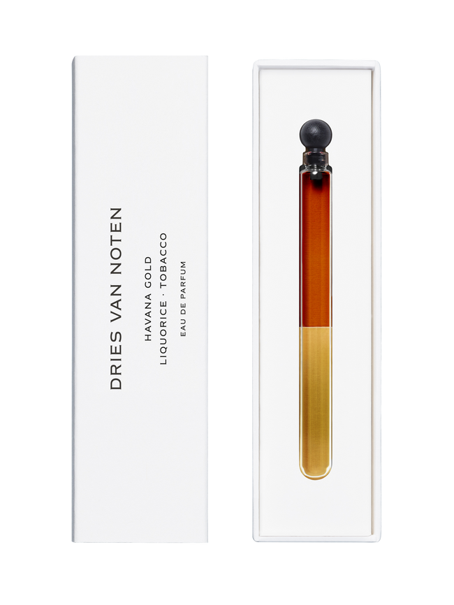 Dries Van Noten perfume bottle with white packaging on a white background