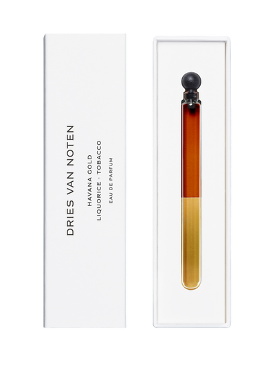 Dries Van Noten perfume bottle with white packaging on a white background