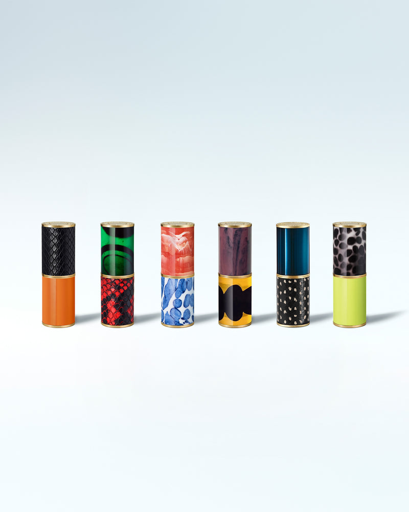 Six colorful patterned cases displayed in a row on a light blue background 
