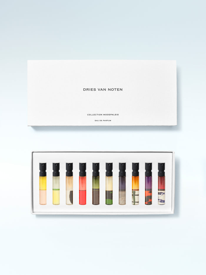 Set of Dries Van Noten perfume samples in a box on a light gray background