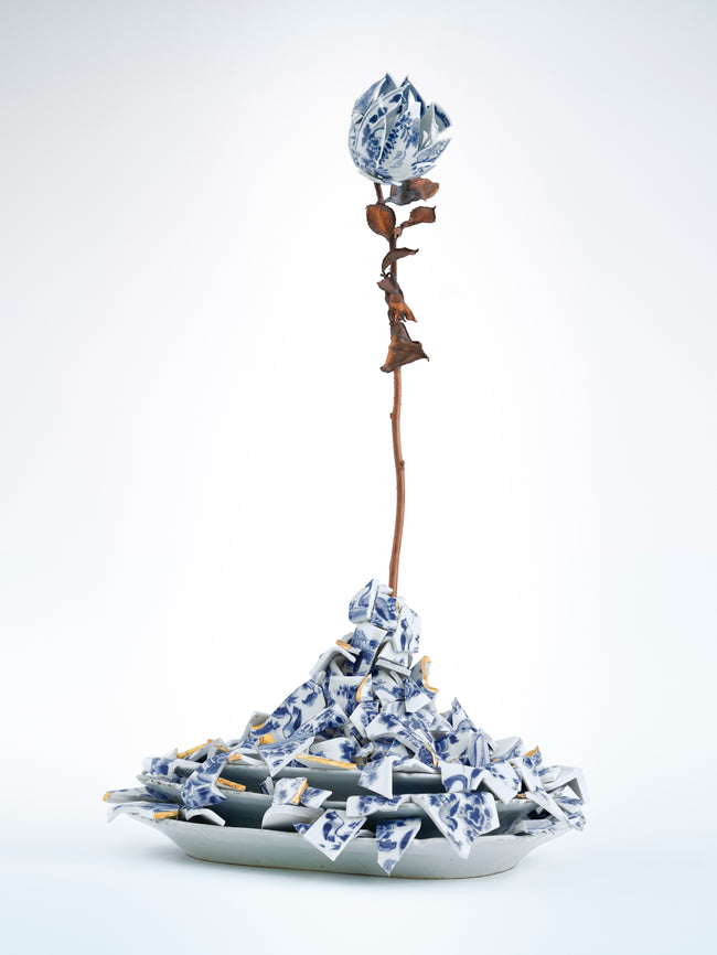 Decorative piece with blue and white ceramic elements on a white background - Dries Van Noten