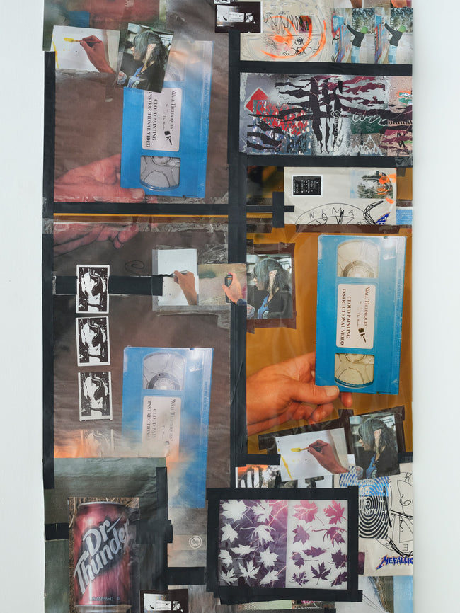 Collage of various postcards and images attached to a board.
