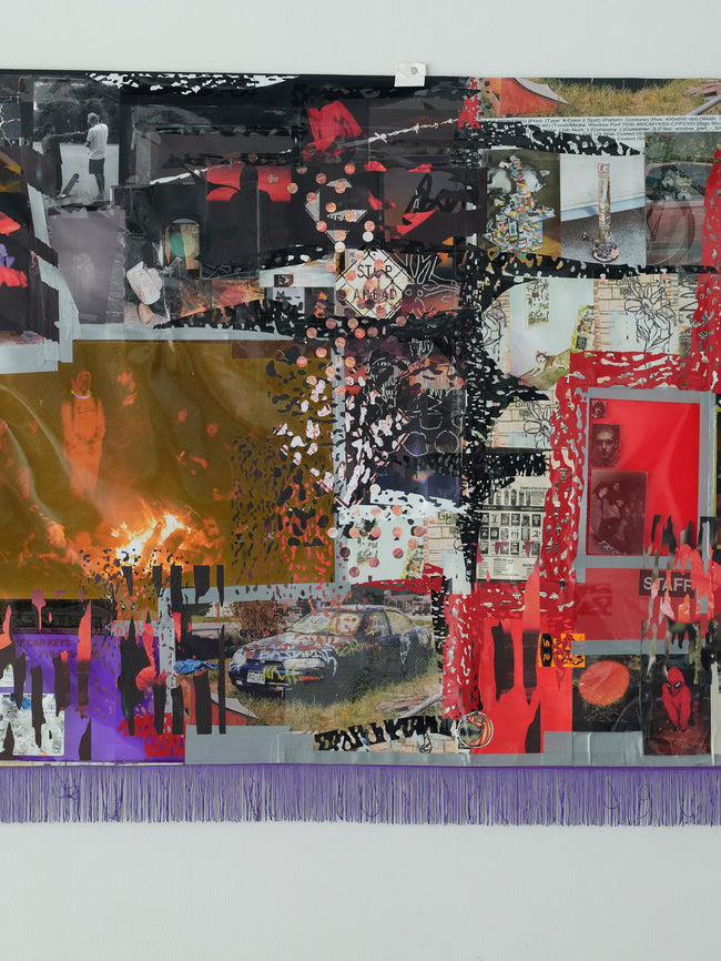 Collage art piece with various images and colors on a gray background