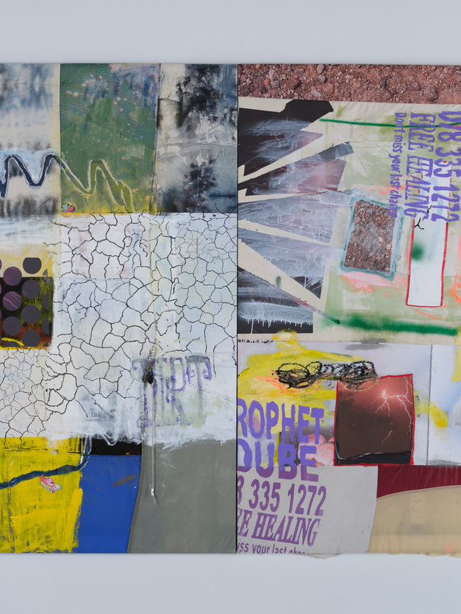 Collage art piece with various textures and colors on a white background