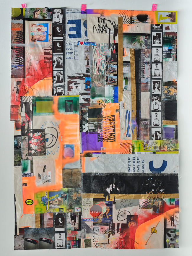 Collage art piece with various colored papers and images on a white background