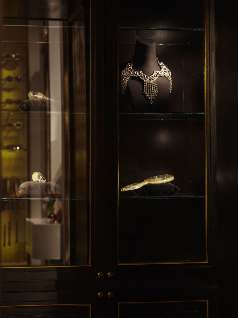 Glass display cabinet with jewelry pieces, including a necklace and small objects, lit against a dark background 
