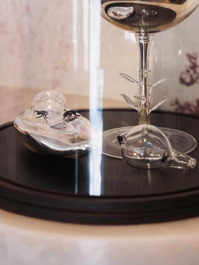 Clear glass objects on a black surface with a blurred background