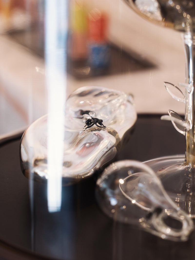 Close-up of a glass sculpture featuring a fly sitting on a glass stone