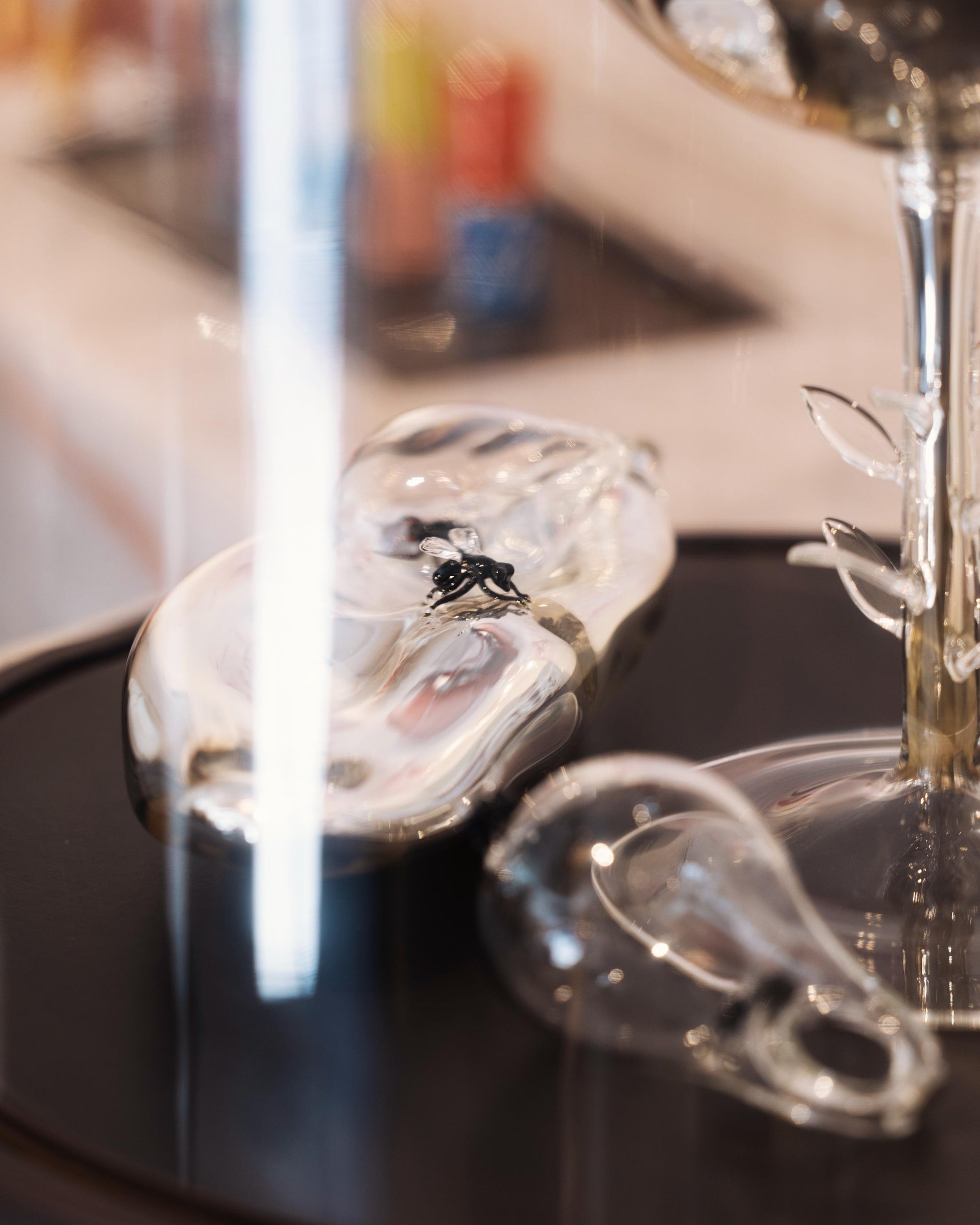 Close-up of a glass sculpture featuring a fly sitting on a glass stone