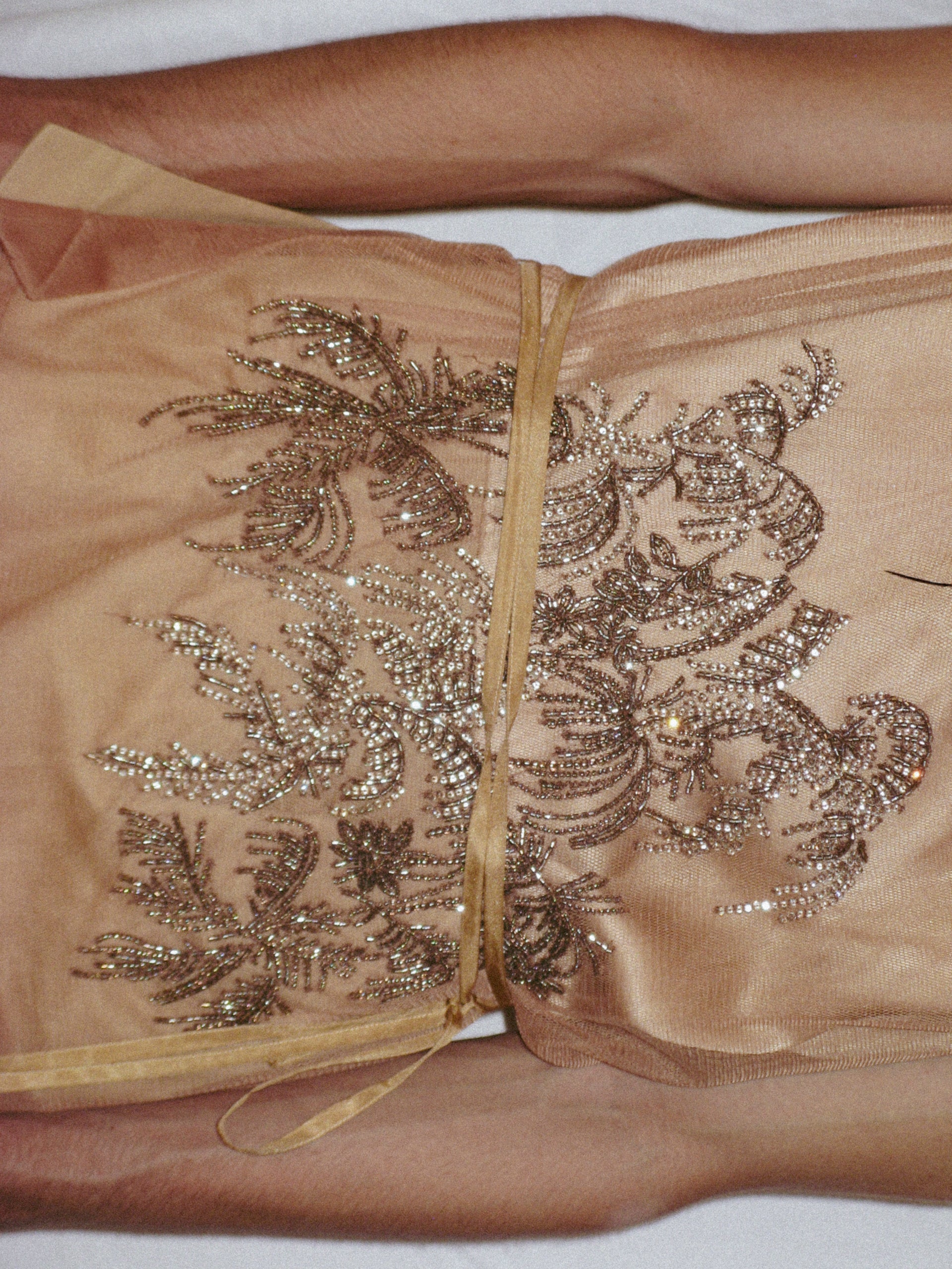 Sheer champagne-gold mesh top with ornate floral beadwork and a ribbon belt.